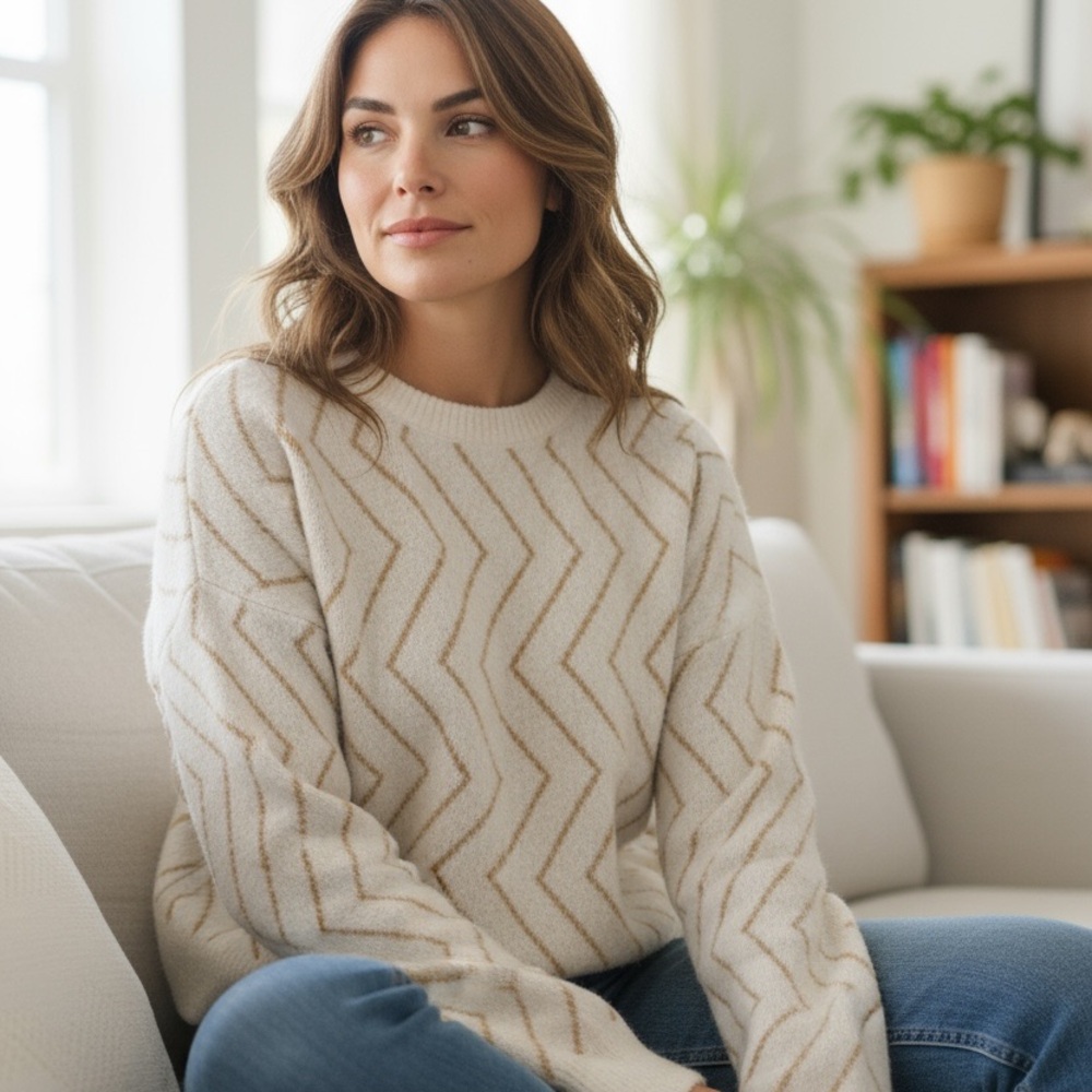 FRNCH Paris Cream and Tan Chevron Sweater - Picture 2 of 8